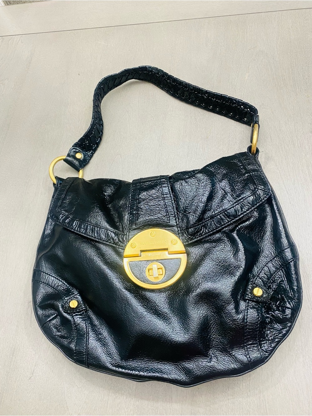 Elliott Lucca Black Shoulder Bag, Braided Strap, Turn Lock, Gold Hardware